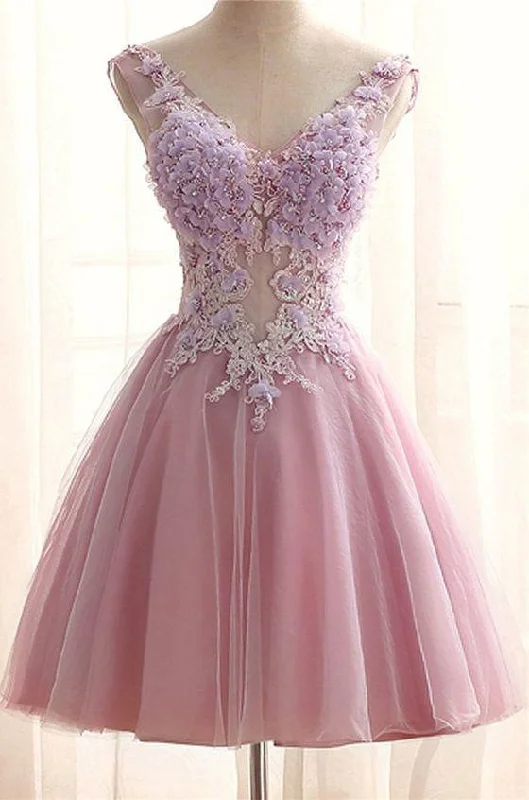 prom dresses for plus-size figuresChic V Neck Pink Tulle Applique Flower See Through Short Prom Dress  gh875