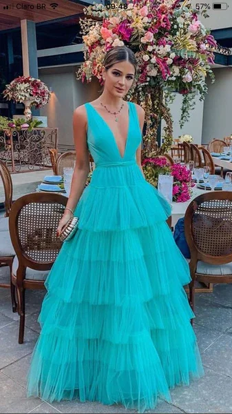 high-low prom dressesA-Line V-neck Floor-Length Tulle Prom Dress  gh980