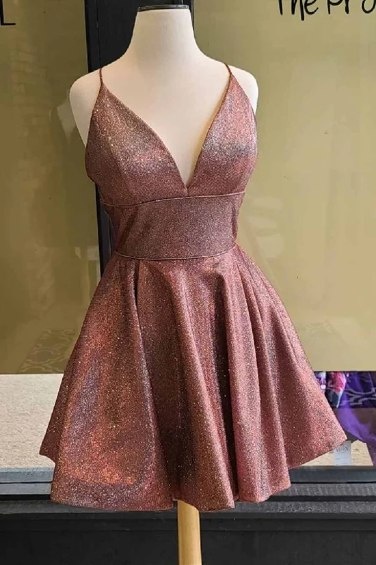 summer party dressesRust Red Sequin V-Neck A-Line Homecoming Dress gh1464