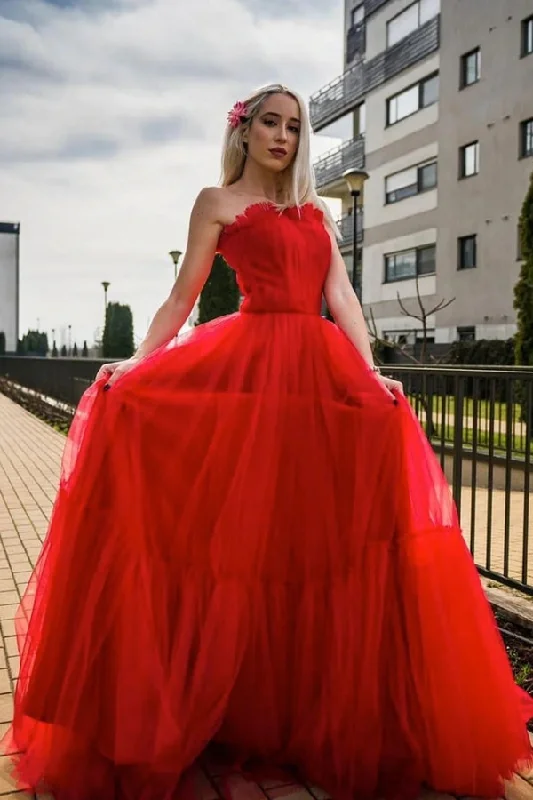 illusion sleeve prom dressesRed tulle long prom dress red tulle formal dress gh2552