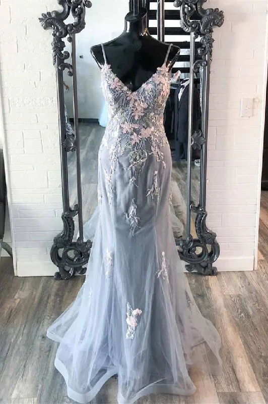 custom prom dressesElegant Mermaid Grey Prom Dress with Embroidery gh2653