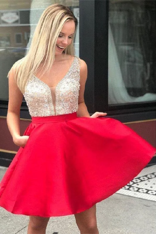 prom dress try-on ideasRed Beaded Satin Homecoming Dresses With Pocket Short Prom Dresses  gh869