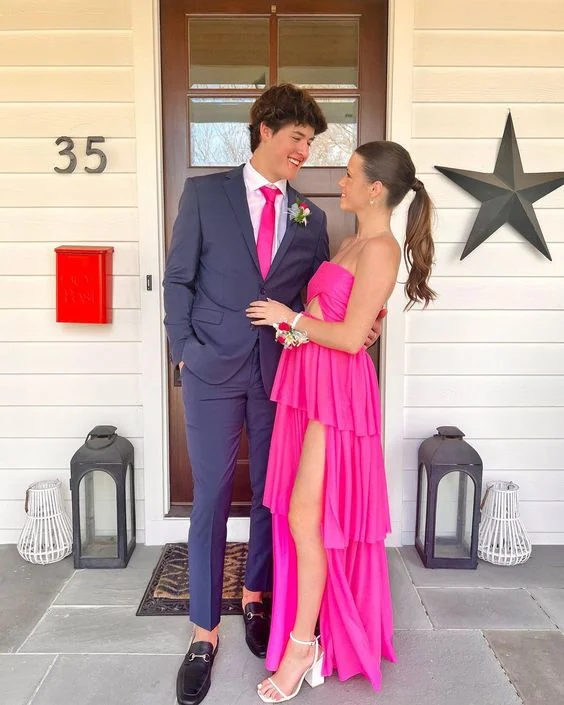 thigh-high slit prom dressesLayered Strapless Long Prom Dress with Split gh2876