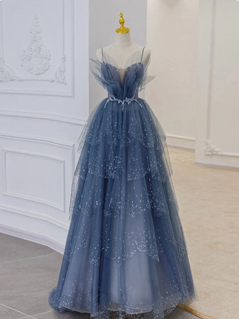 mid-length prom dressesGorgeous Blue Sparkly Tulle Beaded Prom Dress, Tiered Formal Gown With Rhinestone gh1001