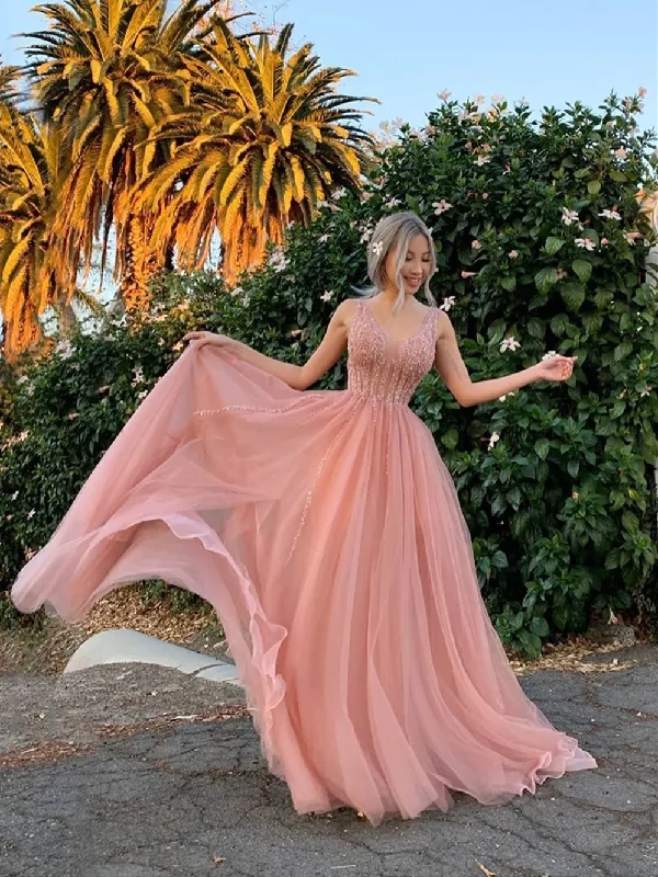 plus-size prom dressesV-neck Long A-line Blush Pink Prom Dresses, Beaded Seqiun Prom Dresses, 2024 Prom Dresses gh2531