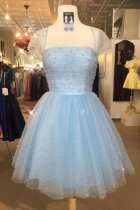 velvet party dressesCute Light Sky Blue Homecoming Dresses with Cap Sleeves gh914