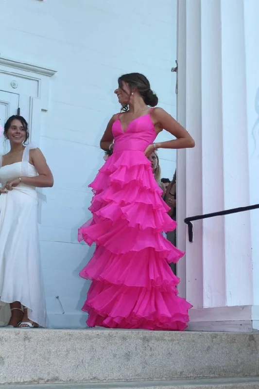 prom dress style guidesHot Pink Spaghetti Straps Tiered Long Prom Dress gh2790