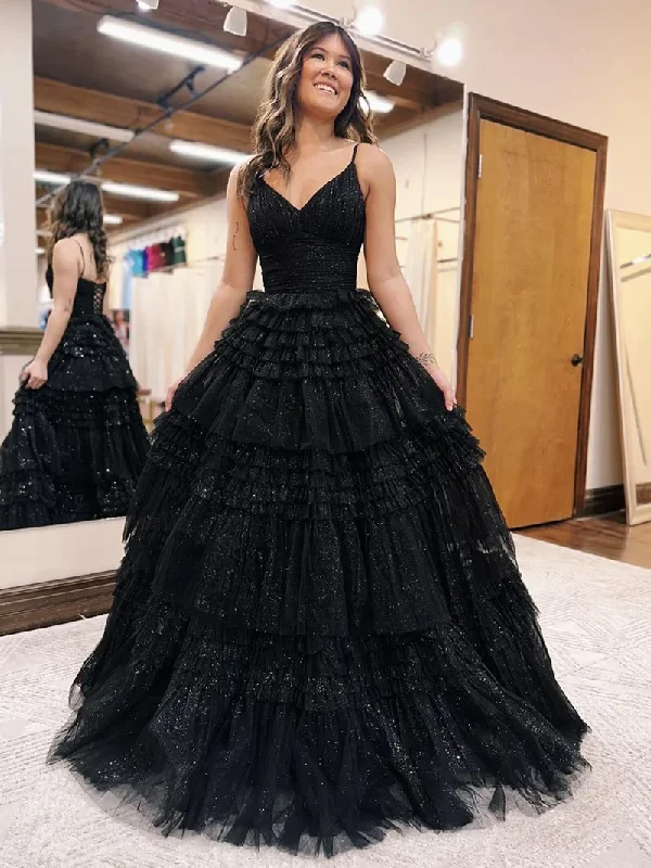 lace-up prom dressesA-Line Deep V Neck Tiered Long Glitter Tulle Prom Dress gh2679