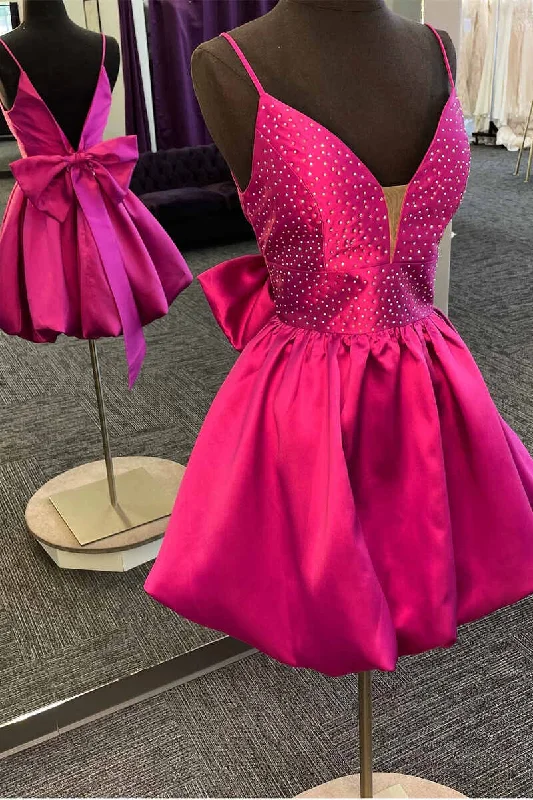 birthday party dressesMagenta Beaded V-Neck Bow Back A-Line Short Homecoming Dress gh1431