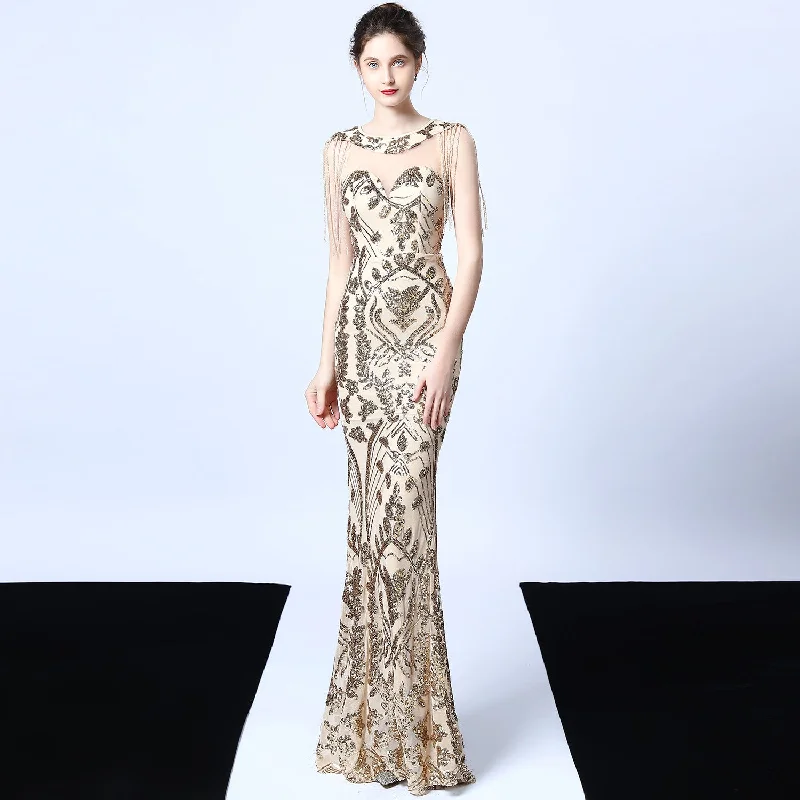 silk maxi dressesTassel Sleeve Sequin Long Mermaid Dress