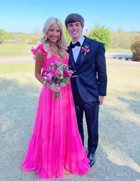 prom dresses with sequin detailingElegant Hot Pink Long V Neck Prom Dresses gh2848