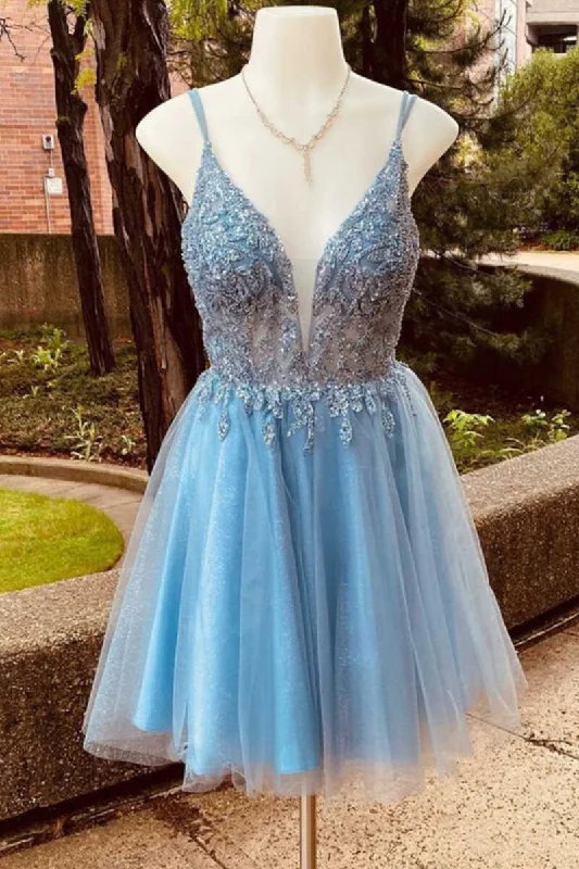 minimalist party dressesStunning Blue Sequins Plunge Neck A-Line Short Homecoming Dress gh1408