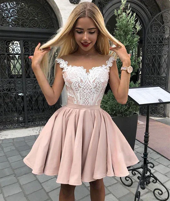 classic prom dressesCute pink lace short prom dress, pink homecoming dress  gh1765