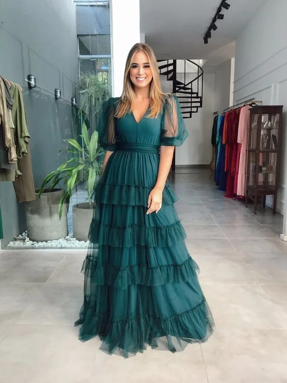 prom dress preservationGreen Tulle Short Sleeves A Line Prom Dress gh2823