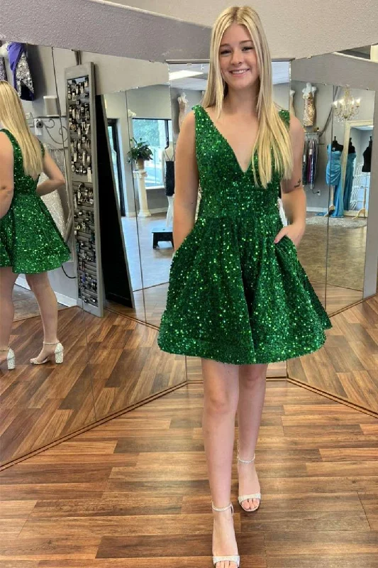 satin party dressesGreen Sequin V-Neck A-Line Short Homecoming Dress gh1265