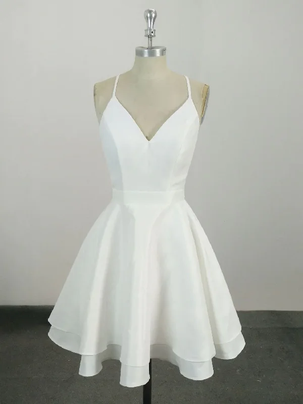 prom dress cleaningWhite v neck satin lace short prom dress, formal dresses, white homecoming dress gh813