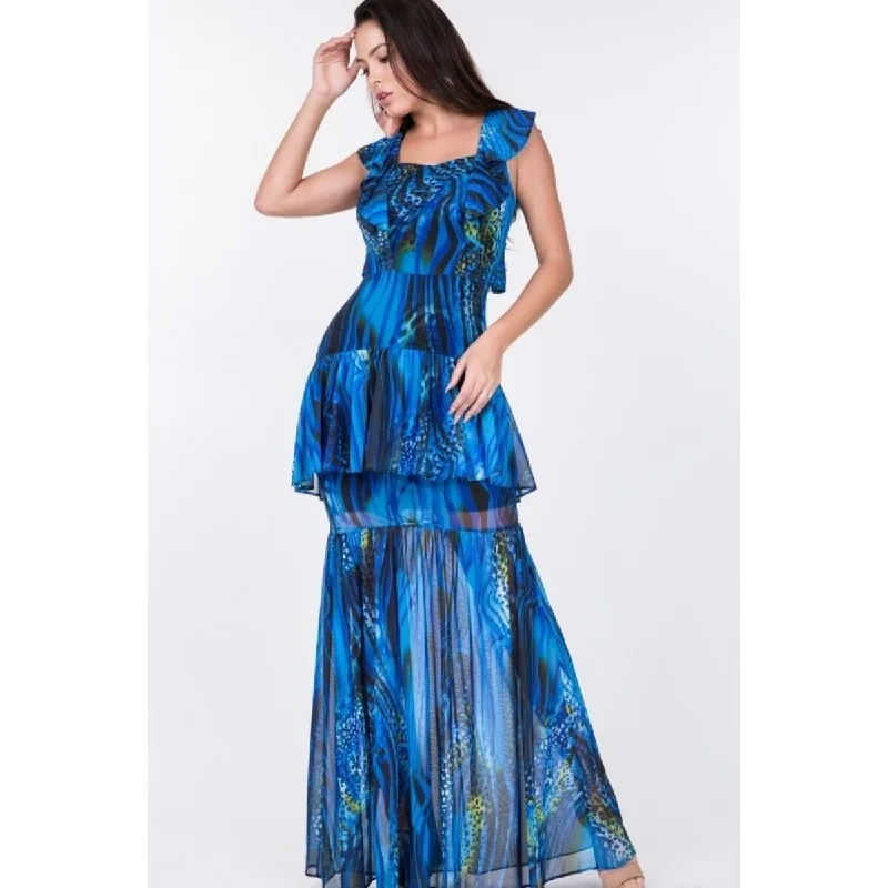 maxi dresses with cap sleevesNylon Long Dress with Ruffle Sleeve Tiered Bottom Print