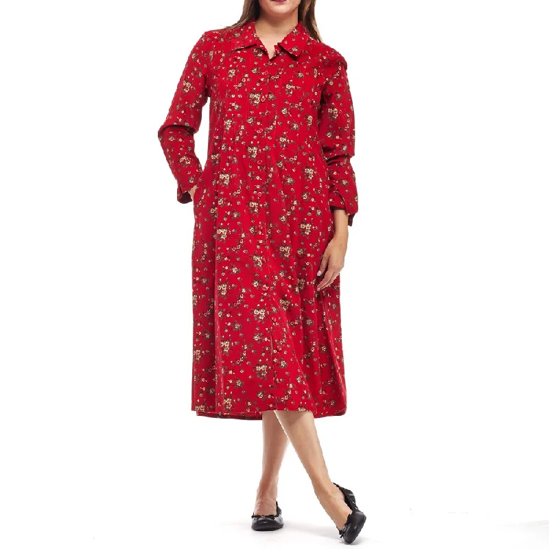 maxi dresses for warm weatherLa Cera Women's Red Cotton Long-sleeved Coduroy Dress