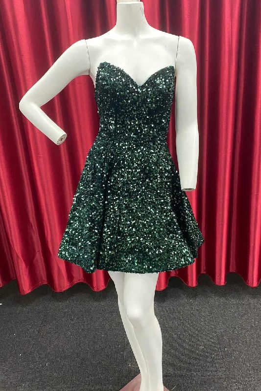 budget-friendly party dressesDark Green Sequin Sweetheart A-Line Short Homecoming Dress gh1328