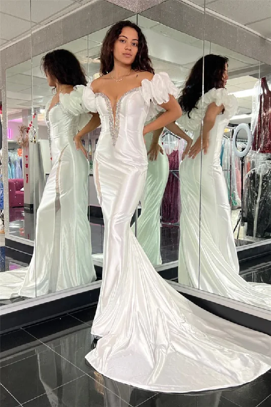 prom dresses for summerWhite Mermaid V Neck Ruffle Off-the-Shoulder Long Prom Dress with Beaded gh2615