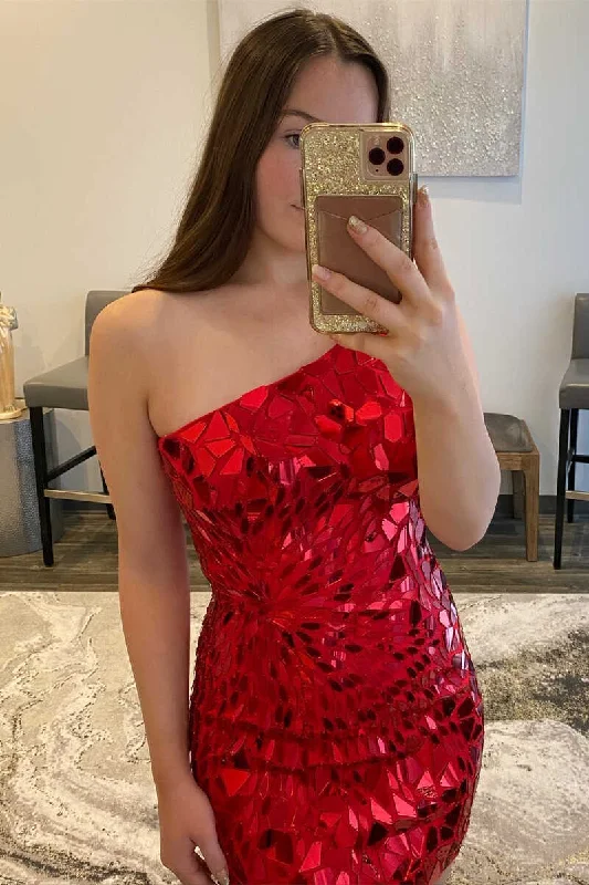 maxi party dressesRed Glass Mirror One Shoulder Sequin Tight Homecoming Dress gh1775