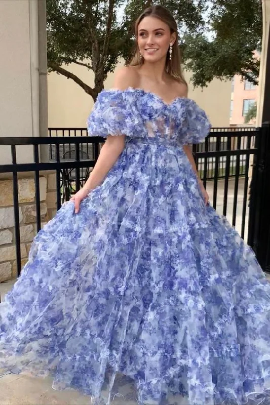 open-back prom dressesOff the Shoulder Floral Print Ruffled Tulle Prom Dress gh2897