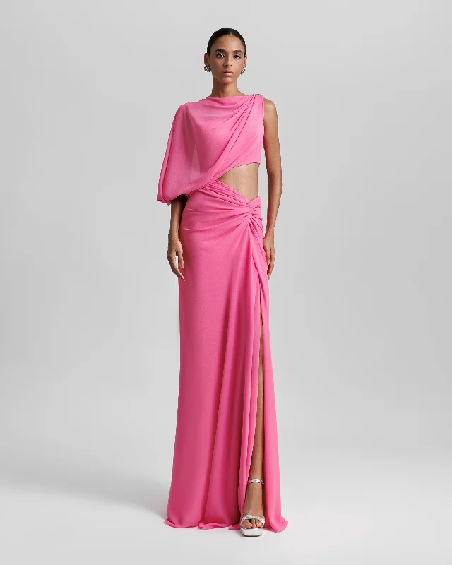 maxi dresses with back pocketsOne Sleeve Candy Pink Long Dress