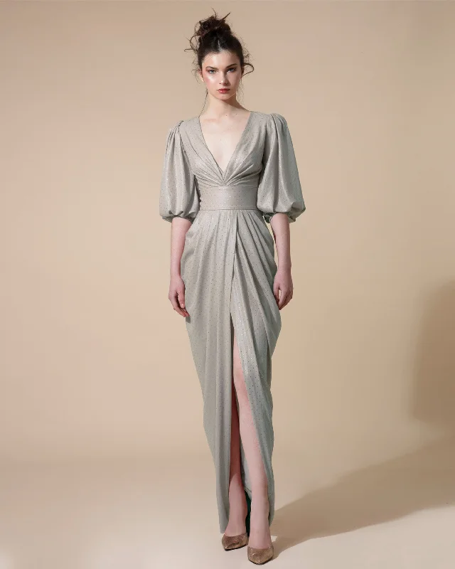 maxi dresses for teensLong Grey Dress With Deep V-Neck