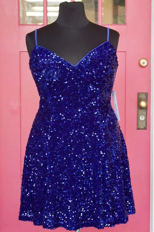 spring party dressesRoyal Blue Sequin V-Neck Straps Lace-Up Back Homecoming Dress gh1456