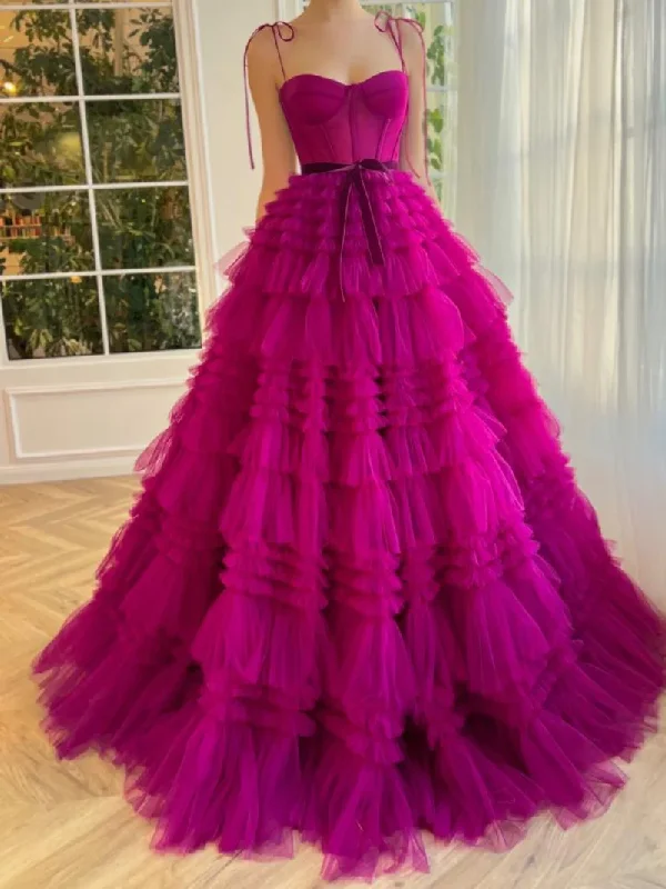 corset prom dressesA Line Strapless Fuchsia Tiered Long Tulle Prom Dress gh2678