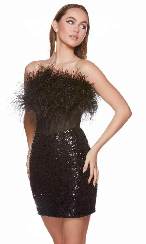 satin party dressesAlyce Paris 4799 - Strapless Feathered Corset Homecoming Dress