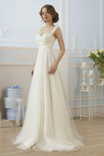 Sleeveless Dress With FlowersA-Line Floor-Length Straps Sleeveless Lace-Up Tulle Dress With Appliques And Pleats