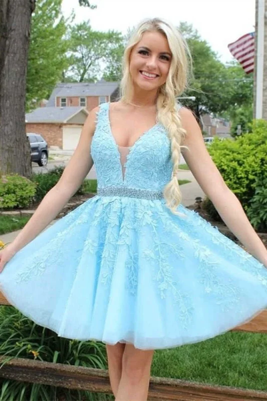 plus-size friendly party dressesLight Blue Appliques V-Neck A-Line Short Homecoming Dress gh1327