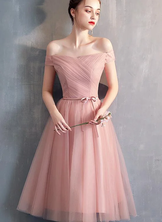 prom dresses with lace appliquésSimple Sweetheart Pink Tulle Off Shoulder Short Homecoming Dress, Pink Prom Dresses gh81