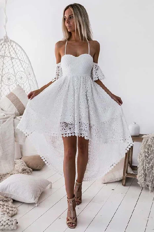 bodycon party dressesA-Line Straps Off-The-Shoulder High Low White Lace Homecoming Dress  gh827