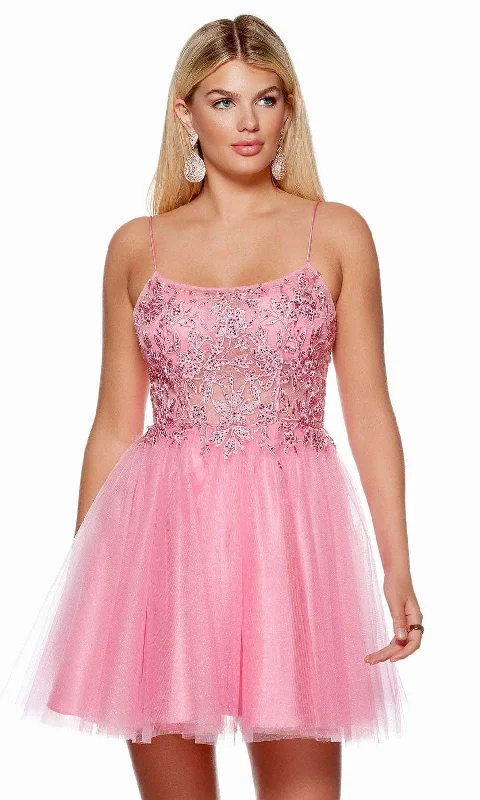 curve-hugging party dressesAlyce Paris 3155 - Sheer Embroidered A-Line Homecoming Dress