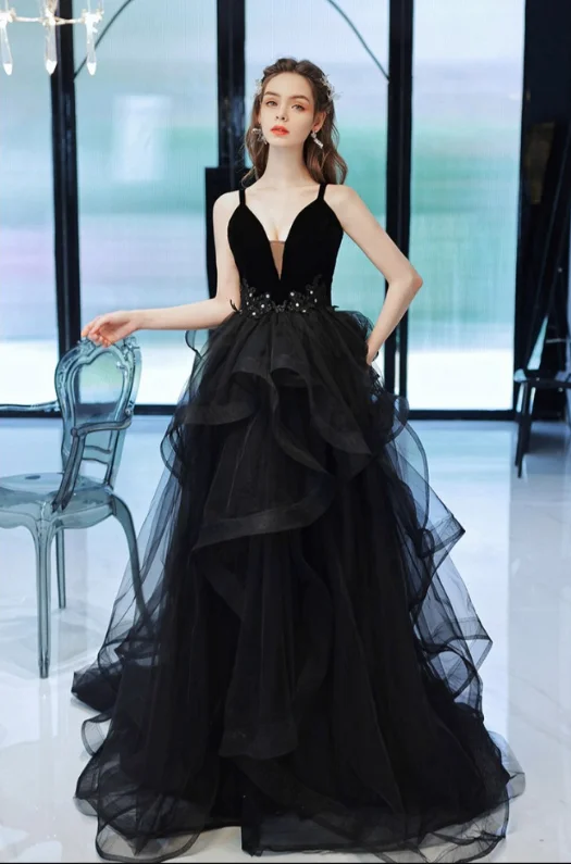 prom dresses with floral embroiderySimple Black Long Ruffle Tulle V Neck Formal Prom Dress gh2624