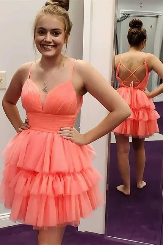 statement-making party dressesCute Coral Plunge V Lace-Up Tiered Short Homecoming Dress gh1297