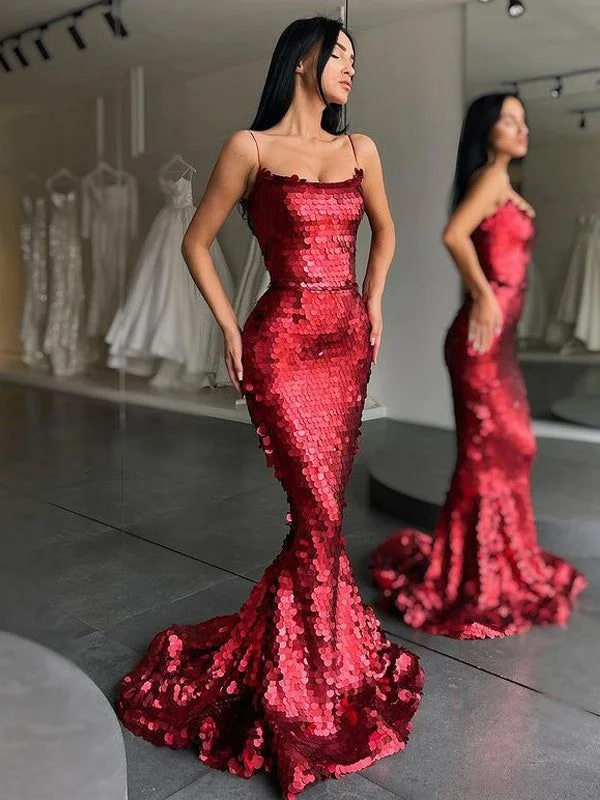 prom dresses with sequin detailingSpaghetti Strap Mermaid Sequin Red Long Prom Dresses Online gh2468