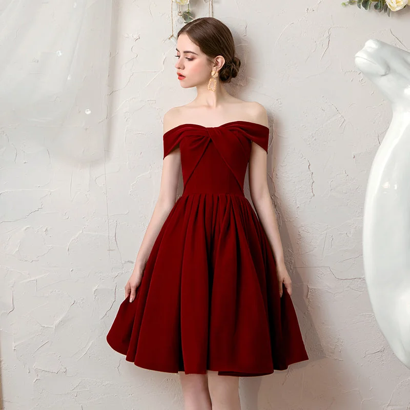 off-the-shoulder prom dressesCute burgundy velvet short prom dress, homecoming dress  8115