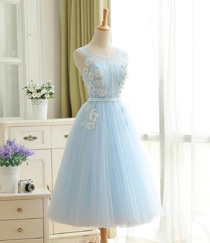 tulle prom dressesBlue tulle lace short prom dress A line homecoming dress  10577