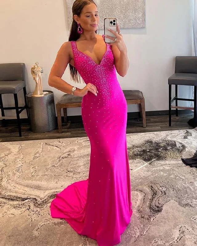 lace prom dressesRose Red V-neck Beading Mermaid Prom Dress with Side Slit gh2587