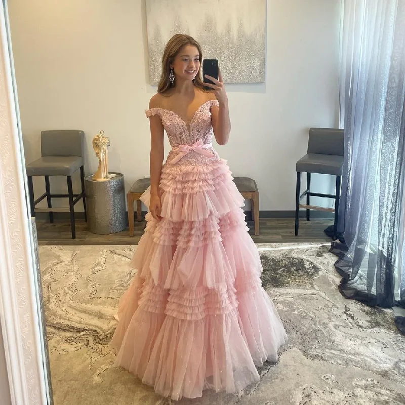 geometric print prom dressesCute A Line Off the Shoulder Pink Tulle Prom Dresses Quinceanera Dresses gh2495