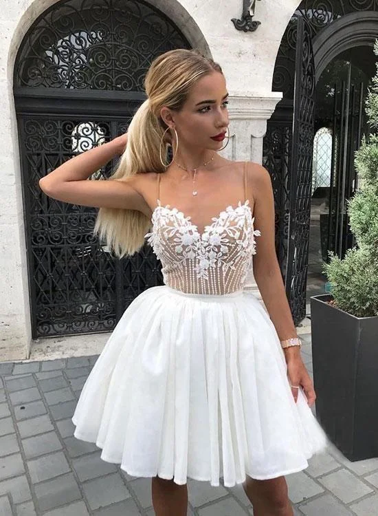 ruffle party dressesWhite sweetheart lace short dress, white homecoming dress gh1712