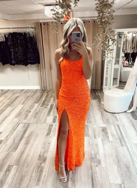 prom dresses with sequin detailingMermaid Glitter Orange Sequin Long Prom Dress gh2628