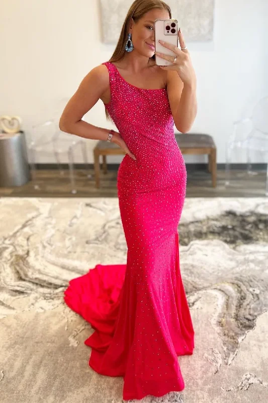 prom dress style guidesRed One Shoulder Beaded Mermaid Long Prom Dress gh2594