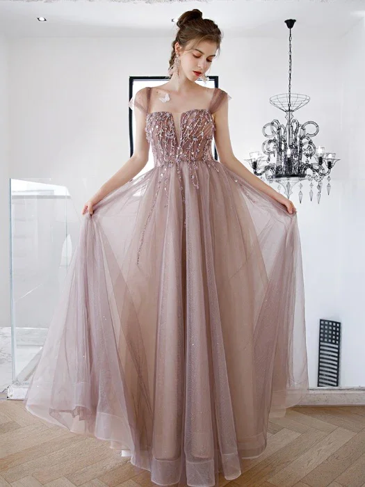 spaghetti strap prom dressesA-Line Cap Sleeve Beaded Dusty Rose Prom Dress gh2554