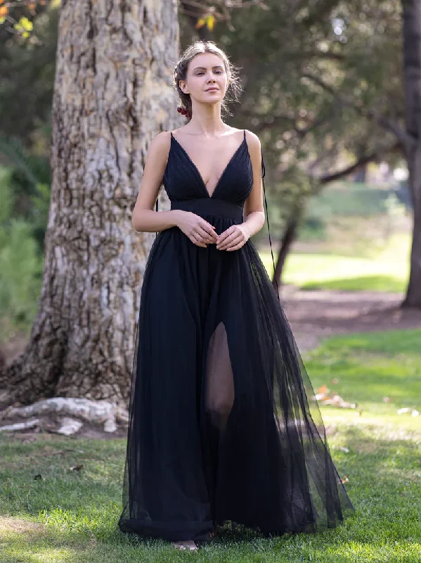 open-back prom dressesDeep V-neck Tulle Sweep Train Prom Dress gh2680