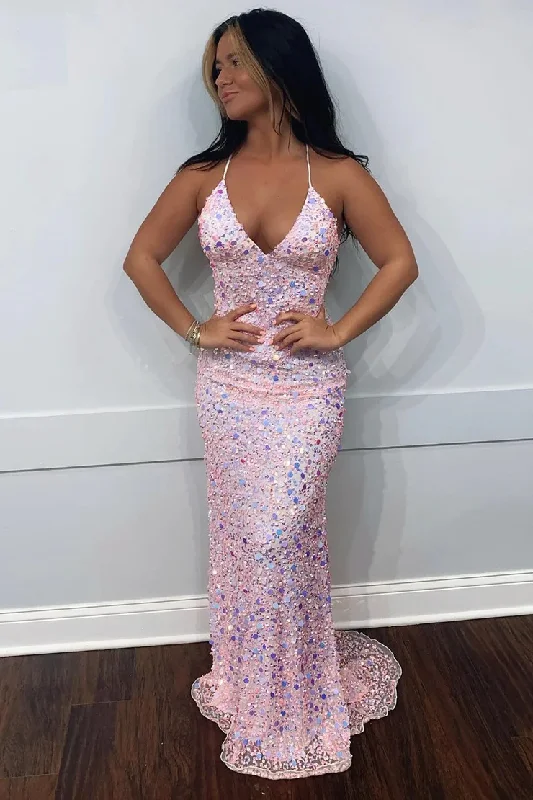 sequined prom dressesCute Sparkly Mermaid V Neck Pink Sequins Prom Dresses gh2243