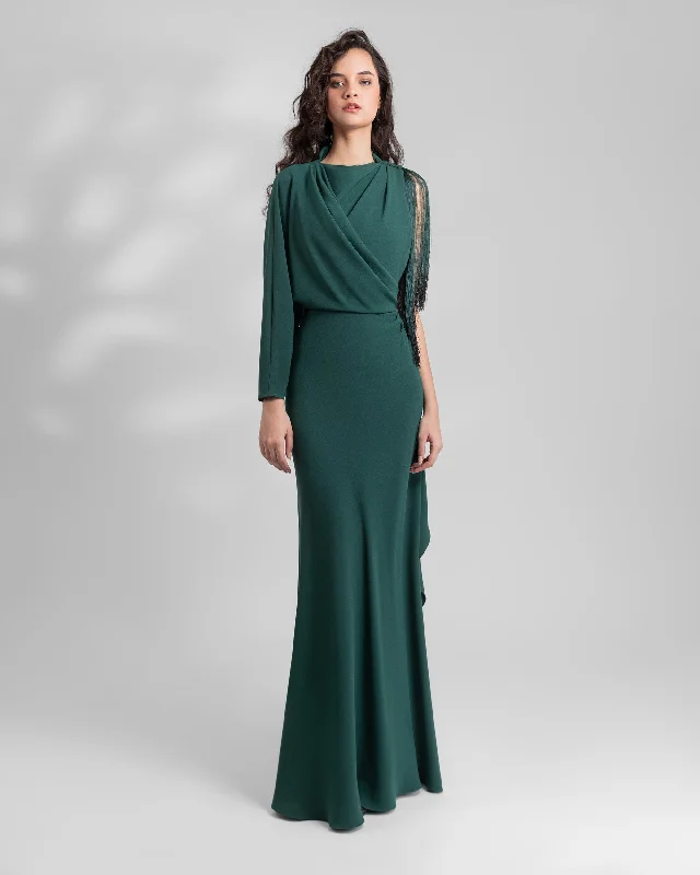 maxi dresses with lace overlaysEmerald Green Long Crepe Dress with Draping's